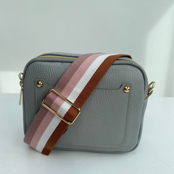 Pale Grey Leather Double Zip Cross Body Bag