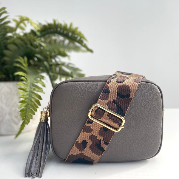 Putty Leather Tassel Cross Body Bag with chocolate brown animal print strap
