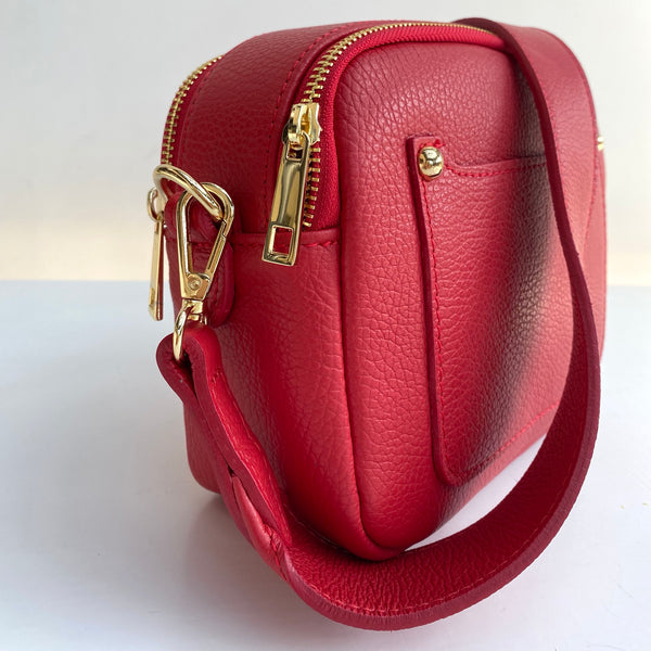 Red Leather Double Zip Cross Body Bag