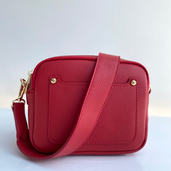 Red Leather Double Zip Cross Body Bag