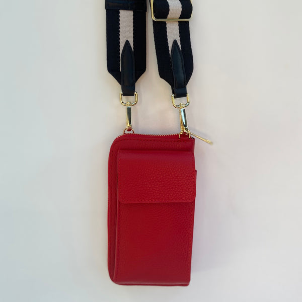 Red Leather Purse / Phone Crossbody with monochrome stripe strap