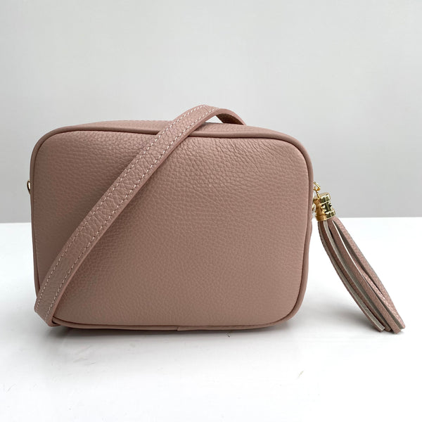 Rose Pink Leather Tassel Cross Body Bag