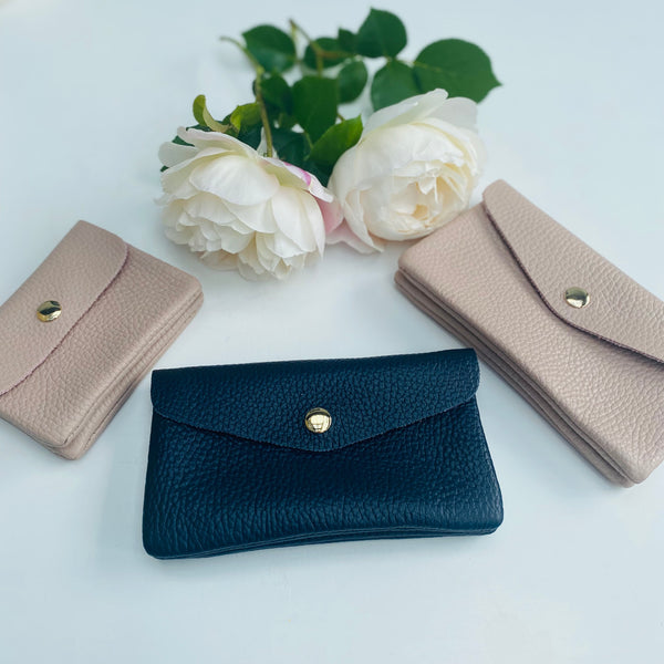 Rose Pink Navy Blue Soft Leather Small Wide Purse