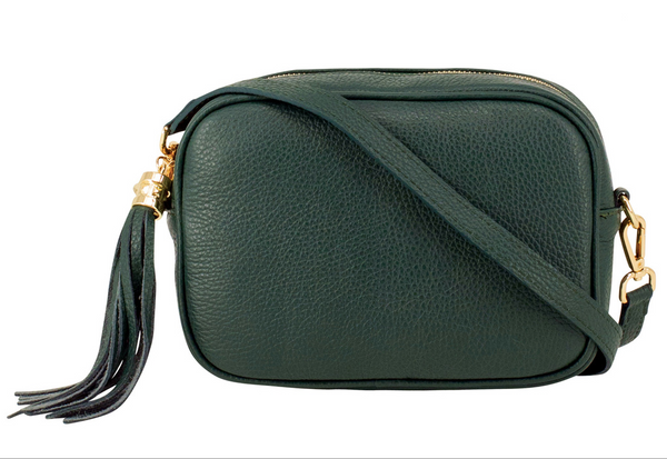 Dark Green Leather Tassel Cross Body Bag