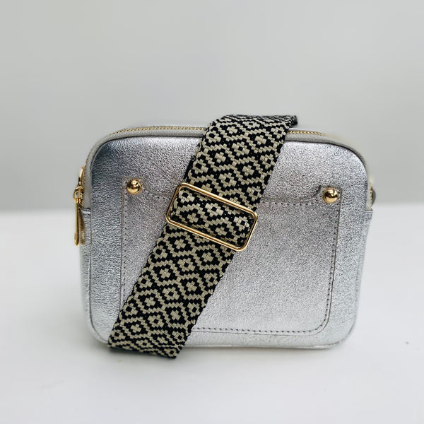 Silver Leather Double Zip Cross Body Bag with Monochrome Geometric Bag Strap