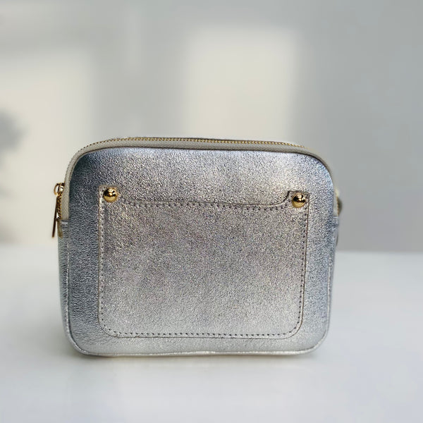 Silver Leather Double Zip Cross Body Bag