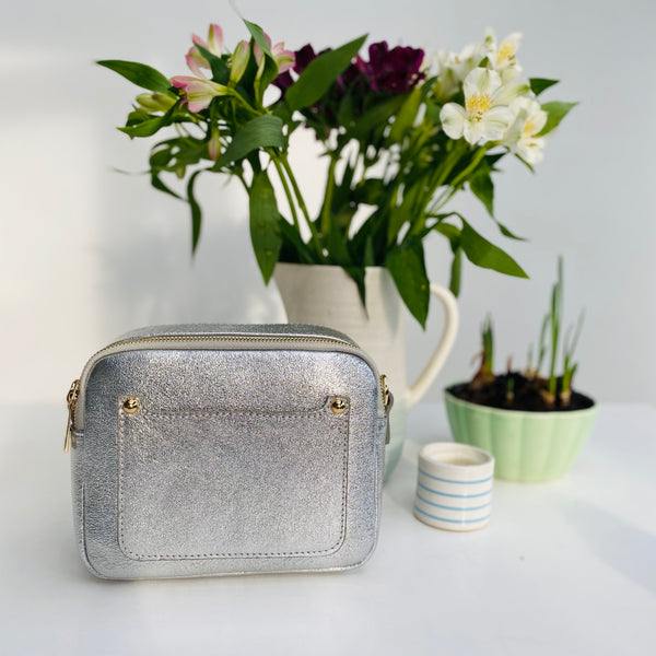 Silver Leather Double Zip Cross Body Bag