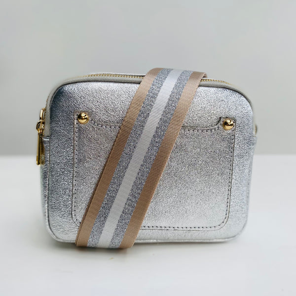 Silver Leather Double Zip Cross Body Bag with Taupe and Silver Stripe Bag Strap
