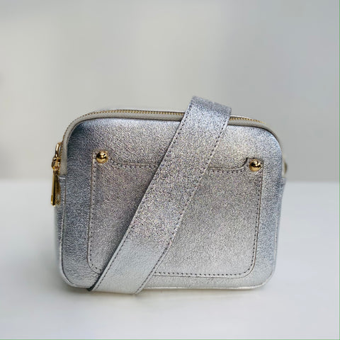 Silver Leather Double Zip Cross Body Bag