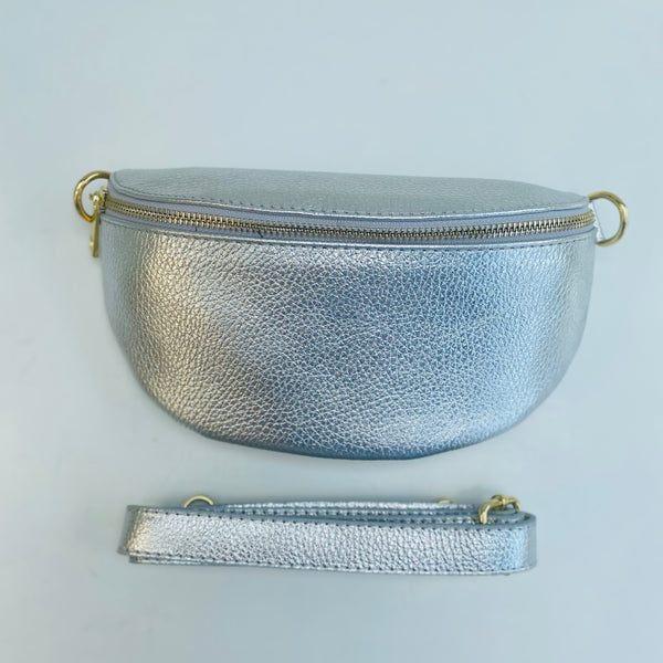 Silver Leather Waist Crossbody Bag