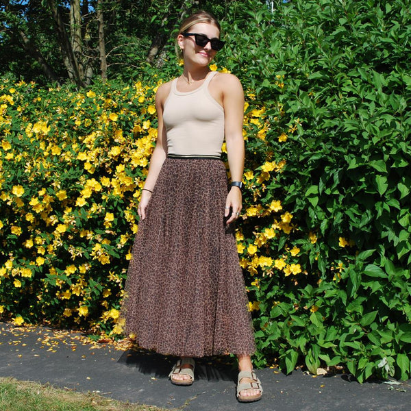 Small Leopard Print Tulle Midi Skirt with Gold Waistband