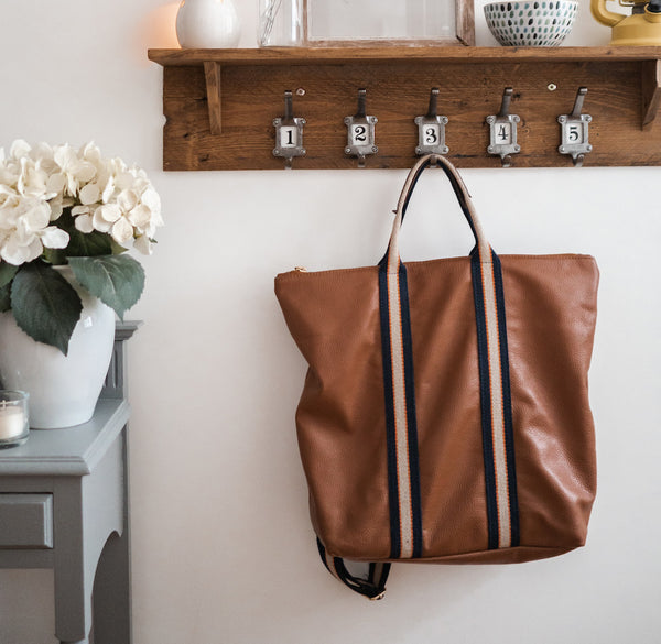 Tan Leather Tote Backpack - photographed by Any Something Photography
