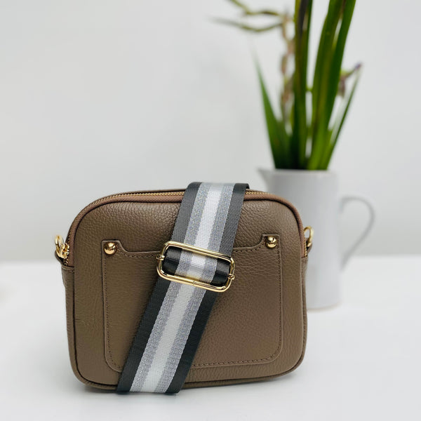 Dark Grey and Silver Stripe Bag Strap with Taupe Leather Double Zip Bag