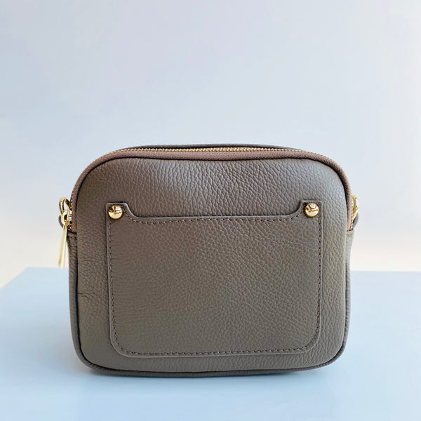 Taupe Leather Double Zip Cross Body Bag