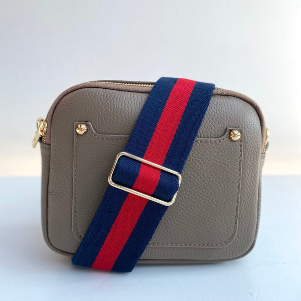 Taupe Leather Double Zip Navy and Red Stripe Bag Strap