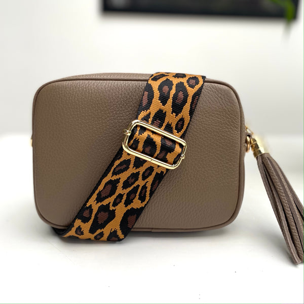 Camel and Black Animal Print Bag Strap with taupe leather bag strap