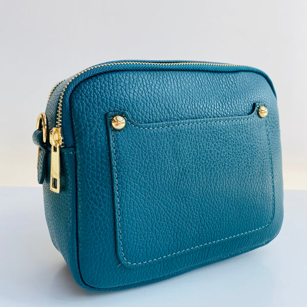 Teal Leather Double Zip Cross Body Bag