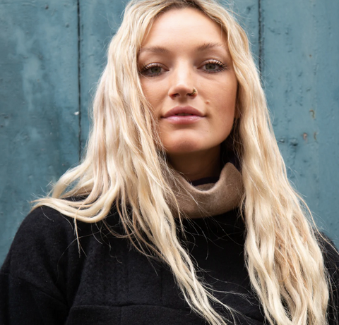 Turtle Doves Recycled Cashmere Neckwarmer on a model