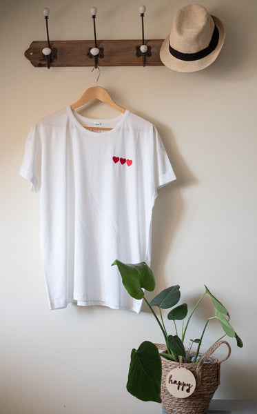 Triple Hearts Embroidered White Tee - Boyfriend Fit