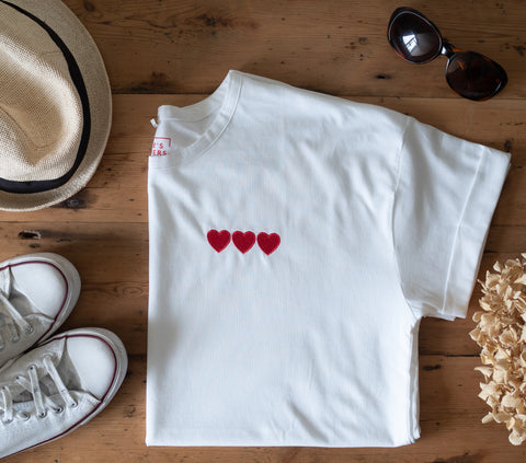 Triple Hearts Embroidered White Tee - Boyfriend Fit