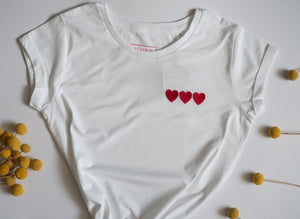 Triple Heart Embroidered White Tee - Ladies Fit