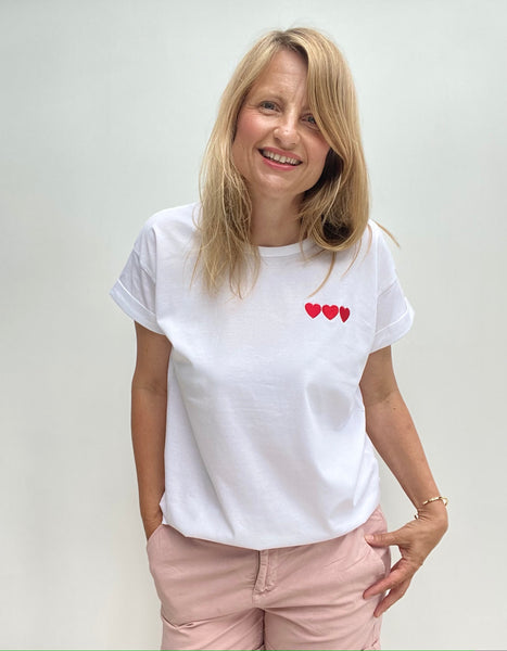 Triple Hearts Embroidered White Tee - Boyfriend Fit wor by Cathy Padian with FatFace shorts