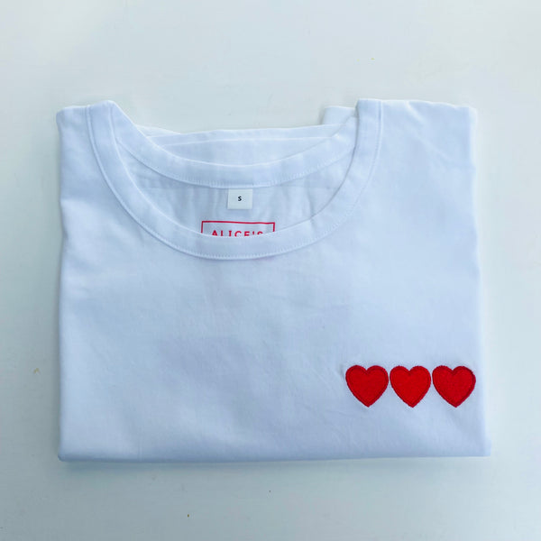 Triple Hearts Embroidered White Tee - Boyfriend Fit 