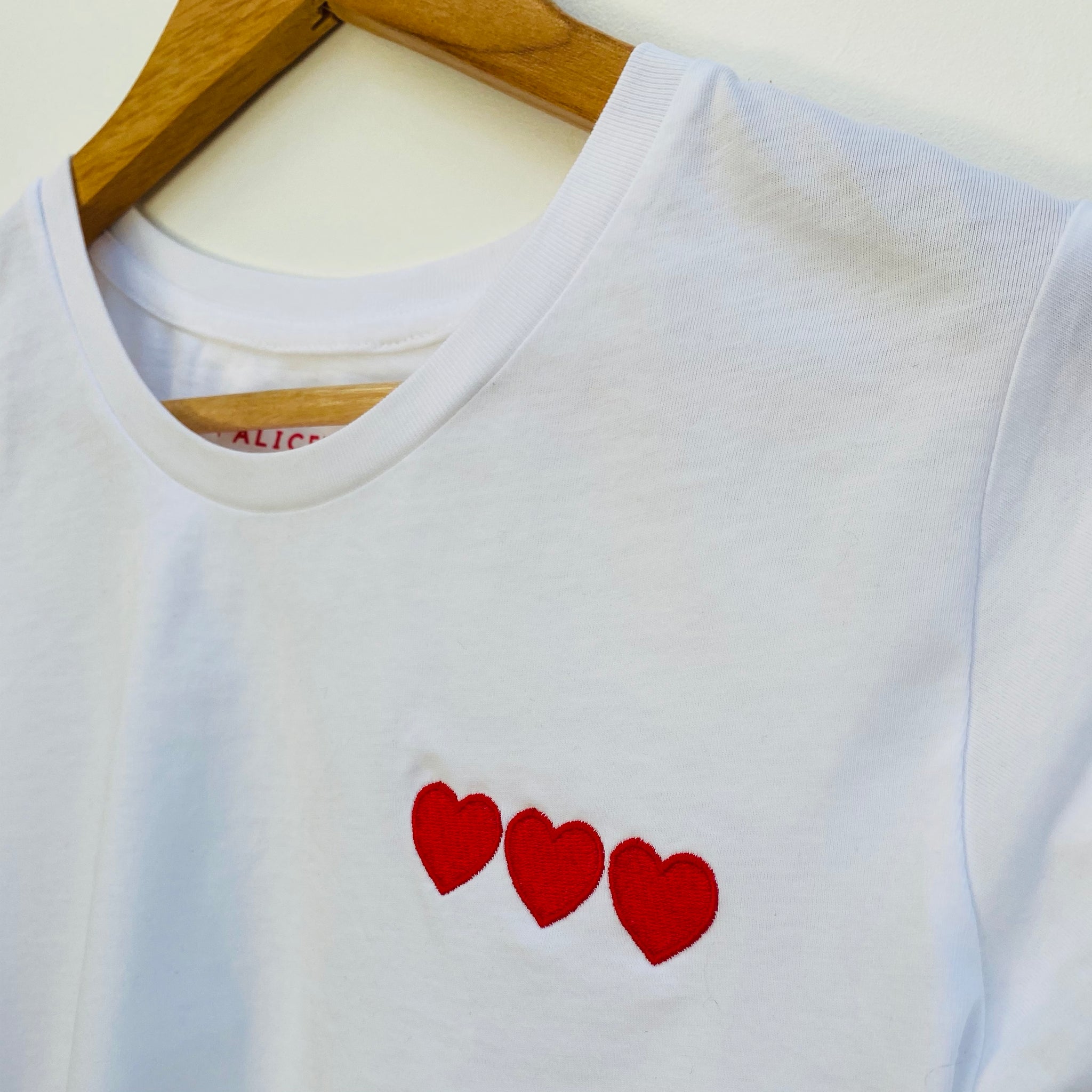 Triple Heart Embroidered White Tee - Ladies Fit