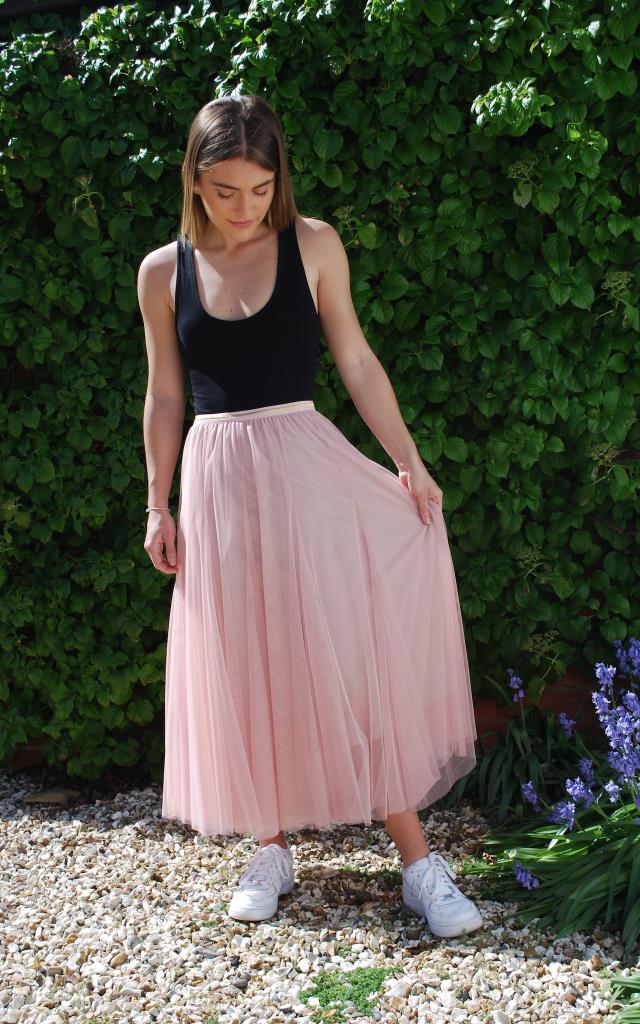 Ballet Pink Tulle Midi Skirt with Gold Waistband
