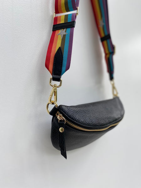 Black Leather Waist Crossbody Bag with rainbow start bag strap