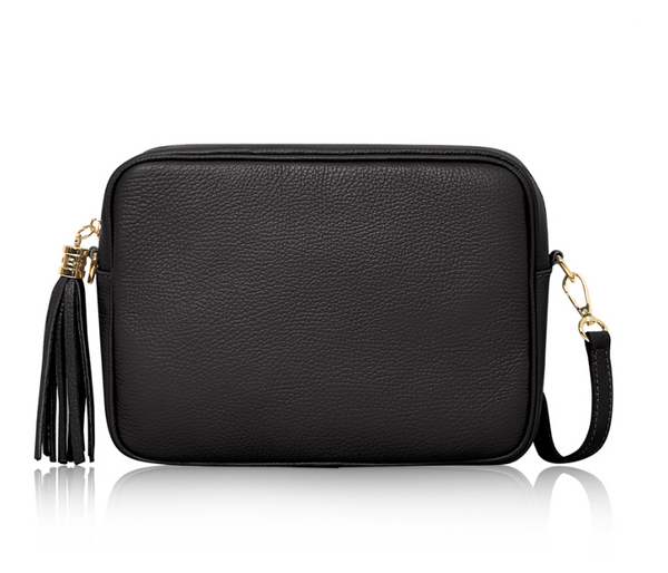 Black Leather Large Tassel Cross Body Bag