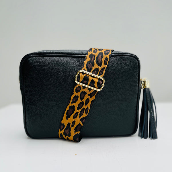 Black Leather Large Tassel Cross Body Bag with camel and black animal print bag strap