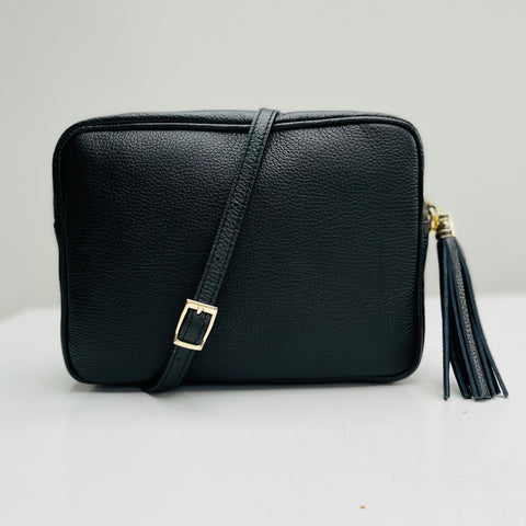 Black Leather Large Tassel Cross Body Bag
