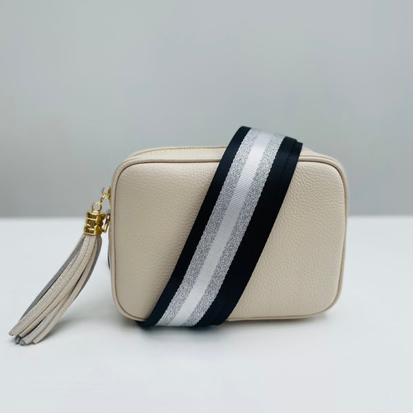 Black and Silver Stripe Bag Strap with Cream Leather Tassel Bag