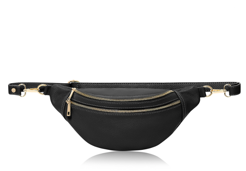 Black Leather Double Zip Waist Crossbody Bag