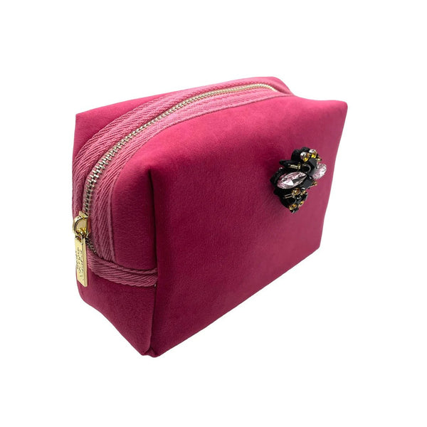 Bright Pink Velvet Make Up Bag with Jewel Bee Pin (two sizes) Sixton London