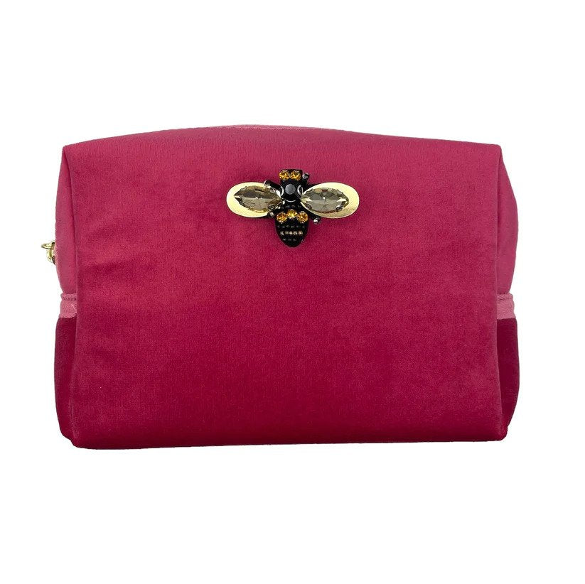 Bright Pink Velvet Make Up Bag with Jewel Bee Pin (two sizes) Sixton London