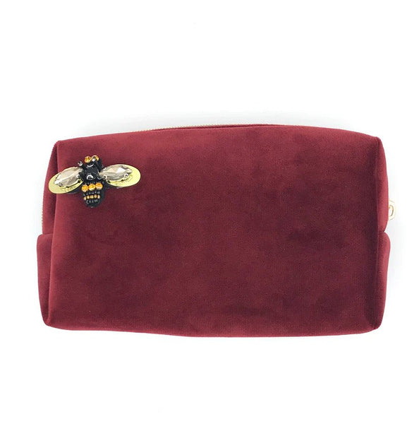 Burgundy Velvet Make Up Bag with Jewel Bee Pin (two sizes) Sixton London
