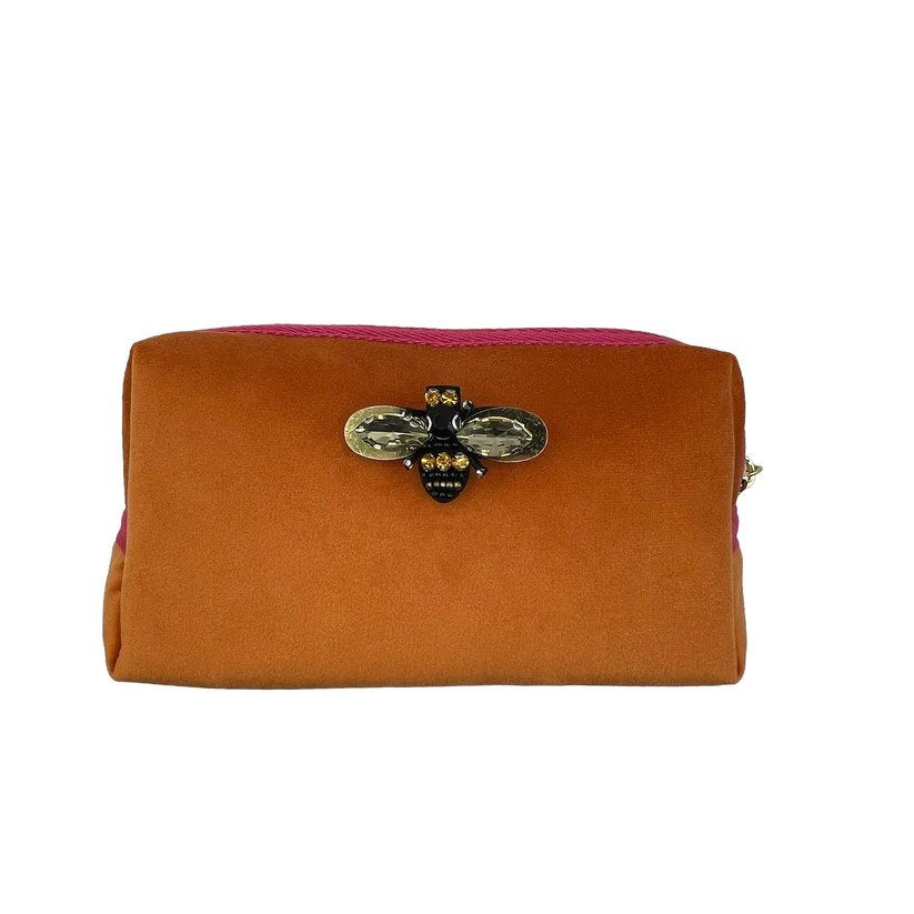 Coral Velvet Make Up Bag with Jewel Bee Pin (two sizes) Sixton London