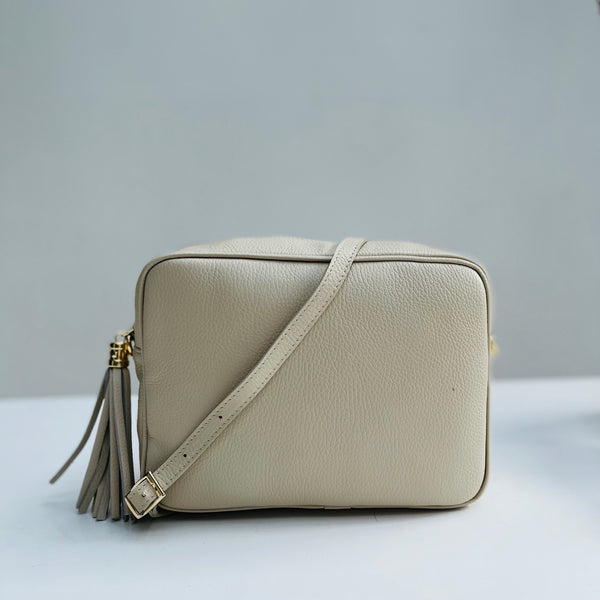 Cream Leather Large Tassel Cross Body Bag