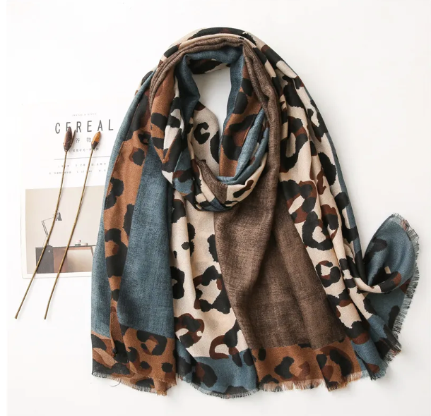 Denim Blue and Camel Block Leopard Print Scarf