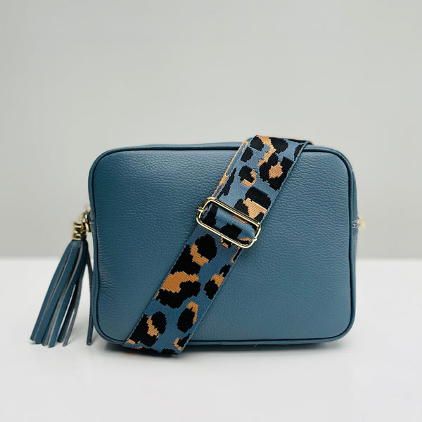 Denim Blue Leather Large Tassel Cross Body Bag with Denim Blue Animal Print Bag Strap