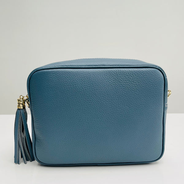 Denim Blue Leather Large Tassel Cross Body Bag