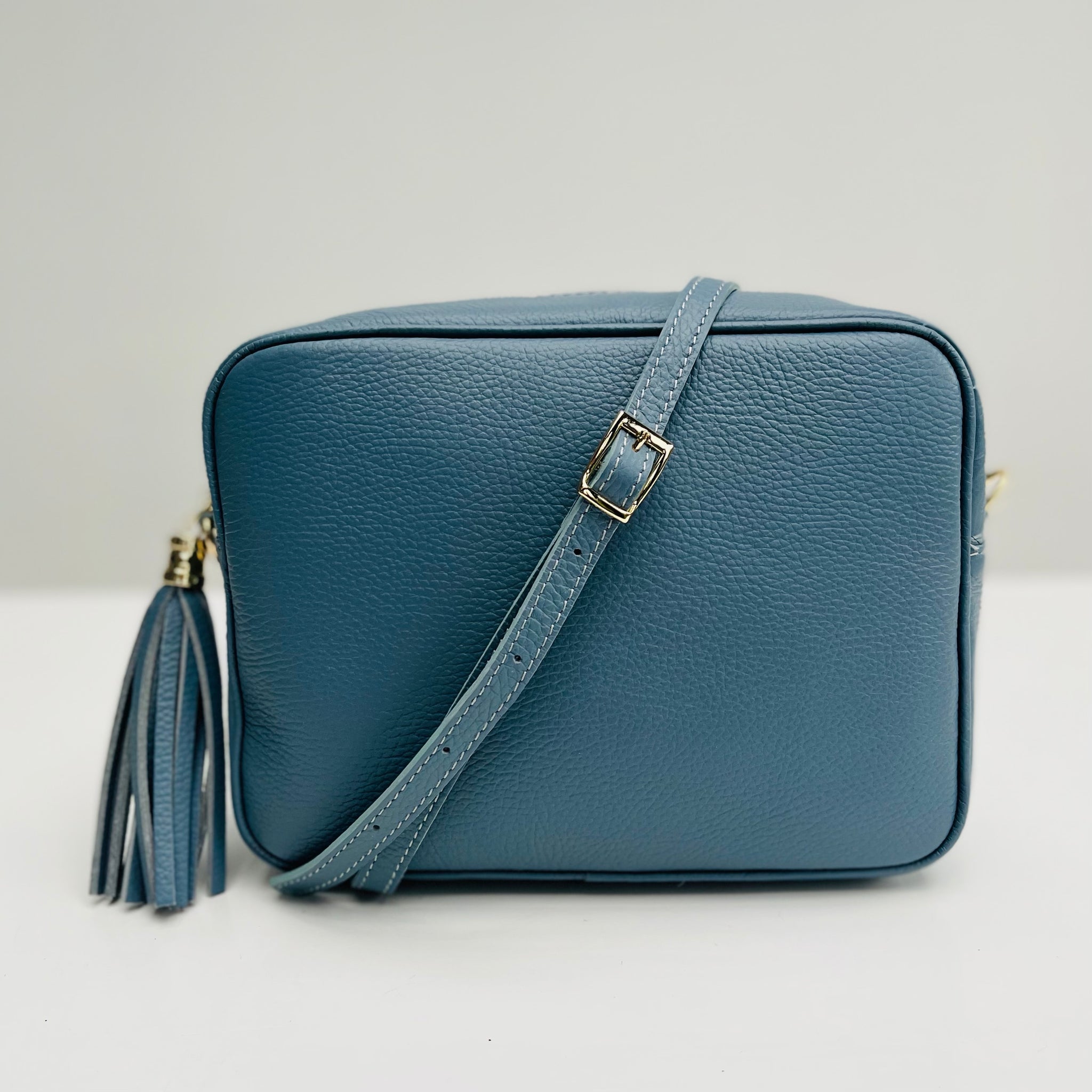 Denim Blue Leather Large Tassel Cross Body Bag