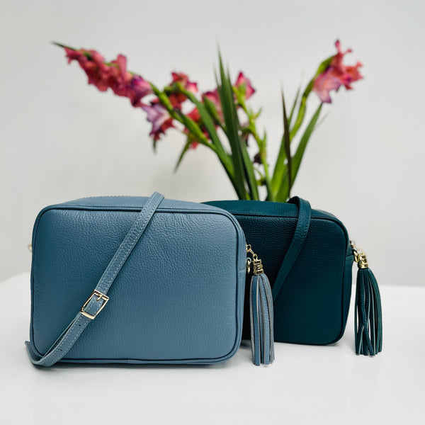 Denim Blue and Teal Leather Large Tassel Cross Body Bag
