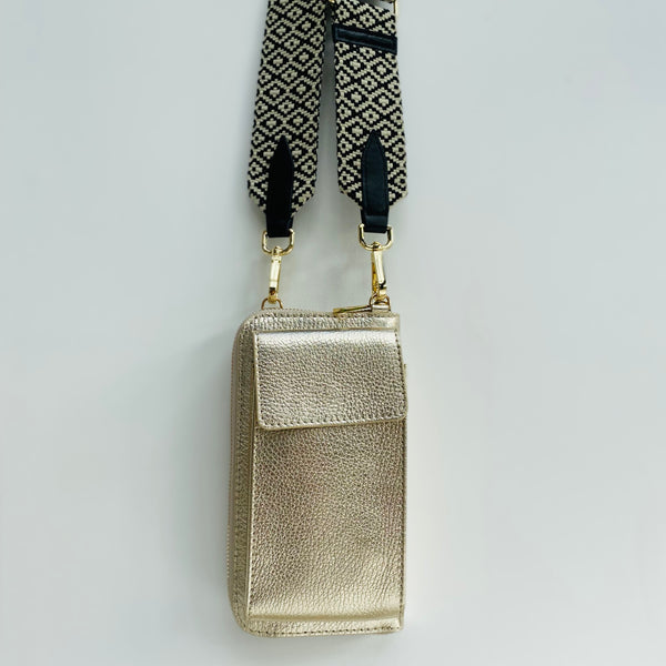 Monochrome Geometric Pattern Bag Strap with gold small crossbody strap