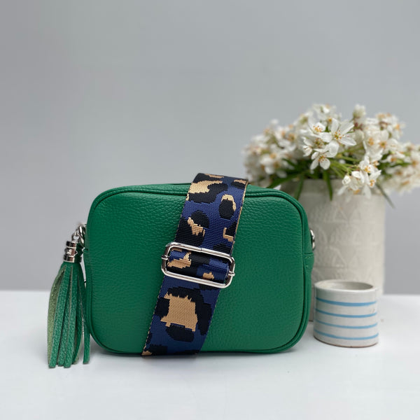 Navy Animal Print Bag Strap (silver hardware) green leather tassel bag
