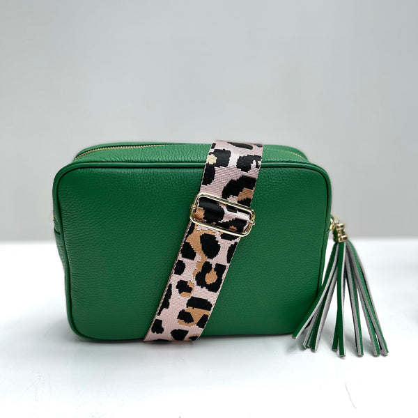 Green Leather Large Tassel Cross Body Bag with pink animal print strap
