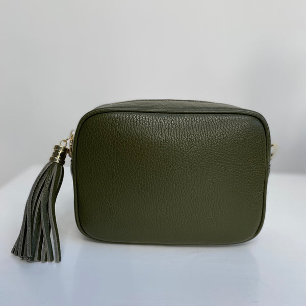 Olive Green Leather Tassel Cross Body Bag