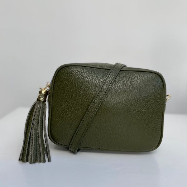 Olive Green Leather Tassel Cross Body Bag